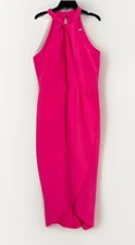 Julia Jordan Pink Knot Neck Tulip Hem Dress 8 Midi Crepe Halter Neon Pink $109