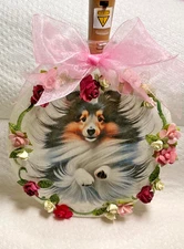 hand crafted SHELTIE SHETLAND SHEEPDOG bottle w/LED lights 9" x 7"-  ROSES