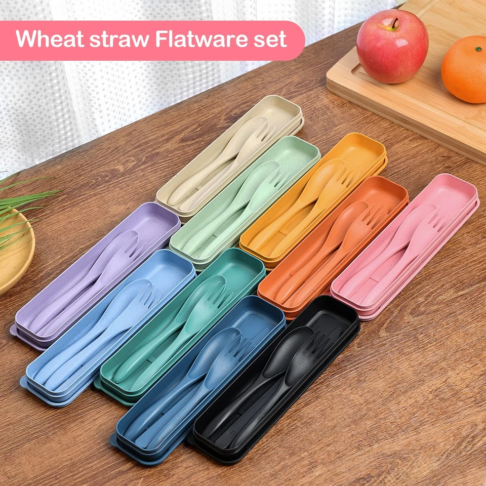 Reusable Travel Utensils Set Wheat Straw Plastic Portable Camping Cutlery No BPA - Image 3 of 4