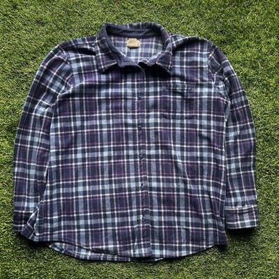 Vintage LL Bean Plaid Fleece Long Sleeve Shirt Front Pocket Purple Blue Size L