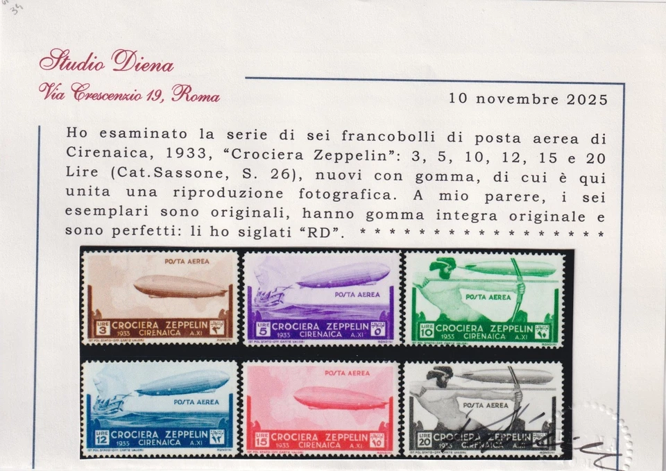 Cyrenaica 1933 Airmail Zeppelin Cruise MNH Certificate Diena - image 3 of 3