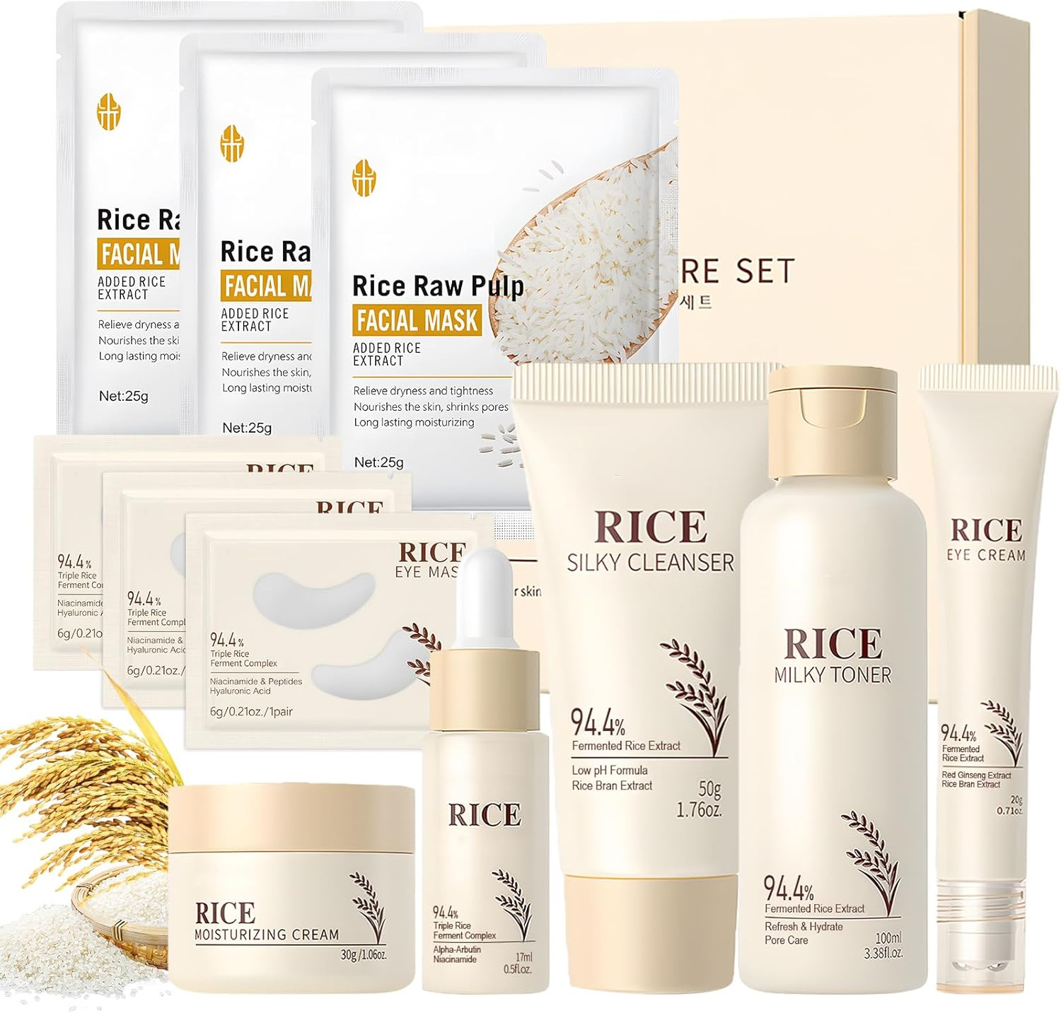 Riso Kit Skincare 11 Pezzi: Trattamento Viso Naturale e Lenitivo