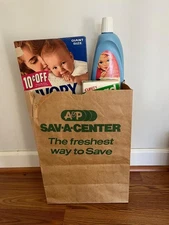 Vintage A&P ORIGINAL Large Paper Grocery Bag GREEN ink print store old sack A P