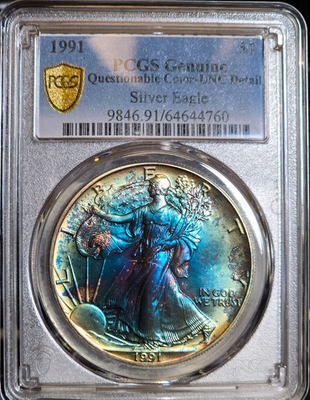 #ad #ad 1991 American Silver Eagle PCGS Genuine 1 Oz Monster Rainbow Toned Coin $1 UNC $235.00