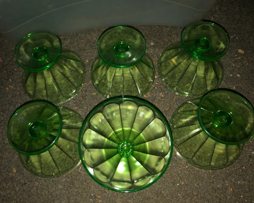 Federal Green Depression 6 Uranium Glass Sherbet Optic Panel Cone Shape Vintage