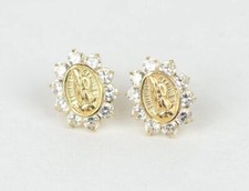 14K Yellow Gold Guadalupe Virgin Mary Screw Back CZ Stud Earrings