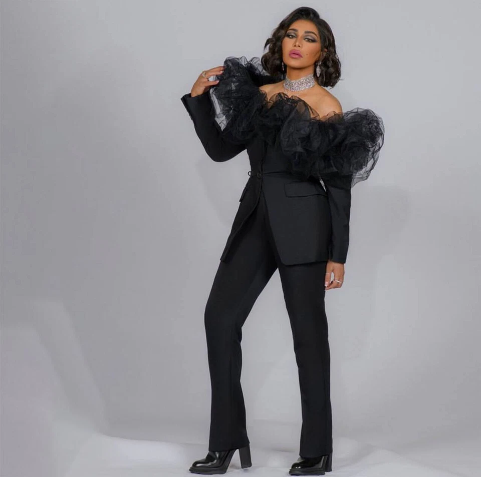 Moda Traje Negro Para Mujer con Encaje Talla Grande Noche Fiesta Baile de graduación Abrigo Pantalón Foto 3 de 4