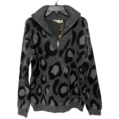RD Style Womens Pullover Sweater Medium Gray Black Leopard Animal Print 1/4 Zip