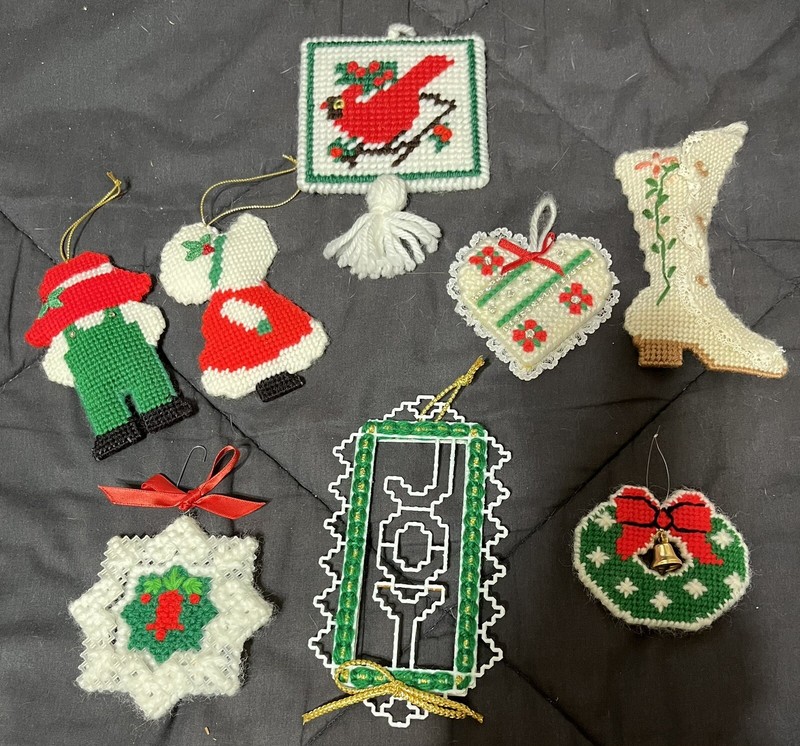 8  Vintage Handmade Plastic Canvas Yarn Ornaments