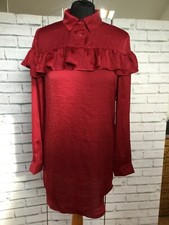 PRETTYLITTLETHING Dress Smock Tunic Shirt Burgundy Frilled Womens  Size UK 10
