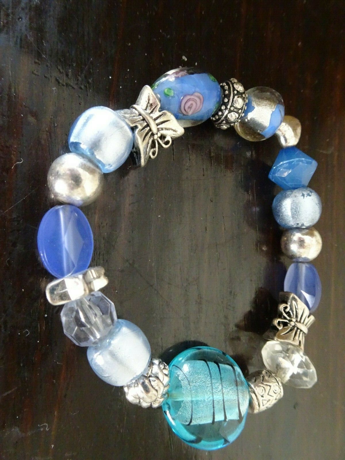 Blue Glass Bead Bracelet with Metal Butterflies Heart Star Charm Elastic Band-image