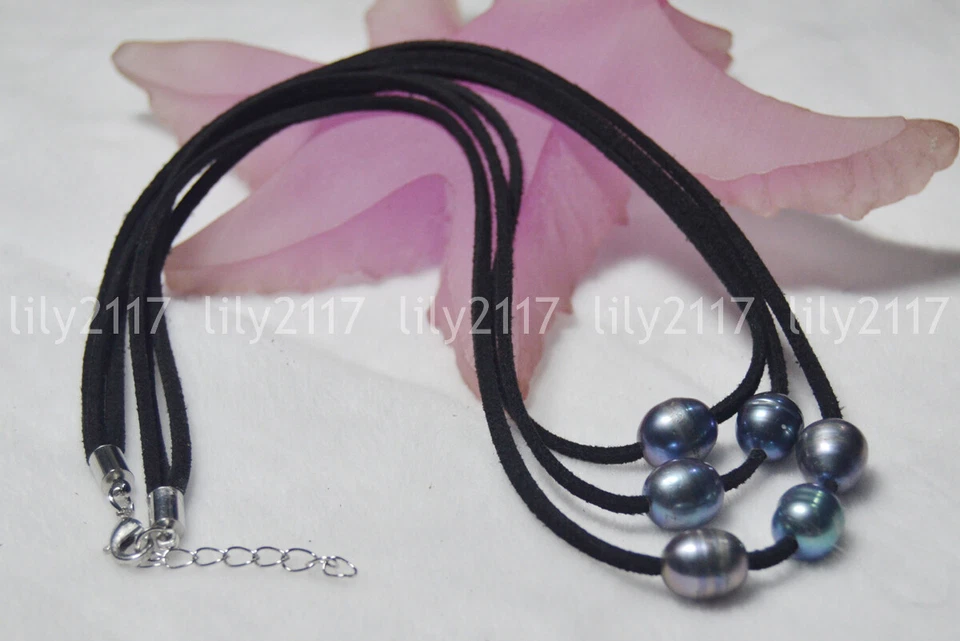 3 行天然 10x12 毫米大溪地黑色珍珠手工皮革绳项链 18-20 — 第 4/4 张图片