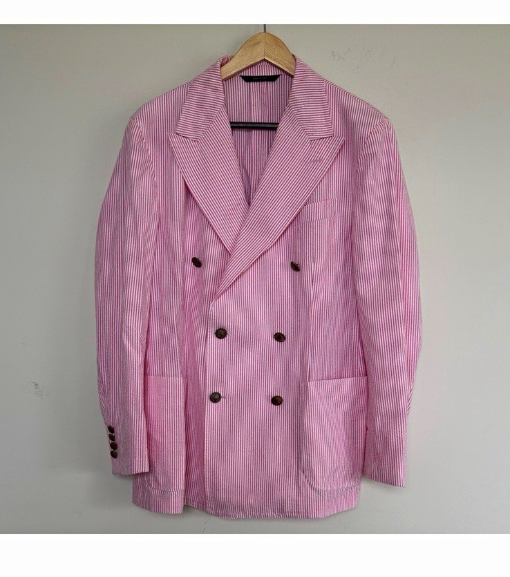 Phineas Cole Pink/White Seersucker Striped Double-Breasted Blazer size m