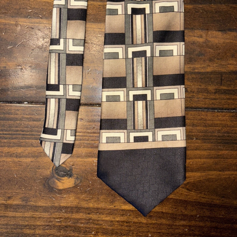 Corbata Florence vintage de seda para hombre, diseño geométrico blanco/negro/bronceado/verde Foto 3 de 4