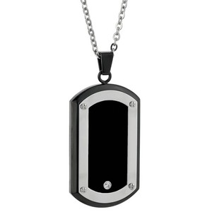 Black Ion Plated Stainless Steel Dog Tag Pendant Necklace with Zirconia & Resin
