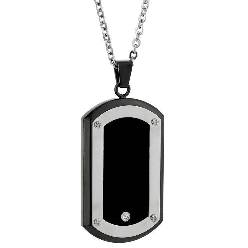 Black Ion Plated Stainless Steel Dog Tag Pendant Necklace with Zirconia & Resin