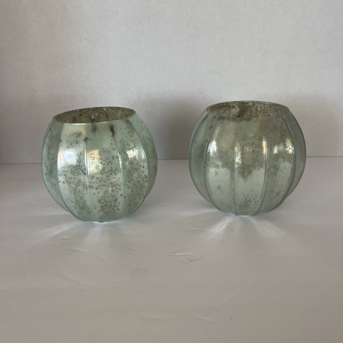 2 Pottery Barn AQUA MERCURY GLASS VOTIVE CANDLE HOLDERS Beach SEAGLASS Pair