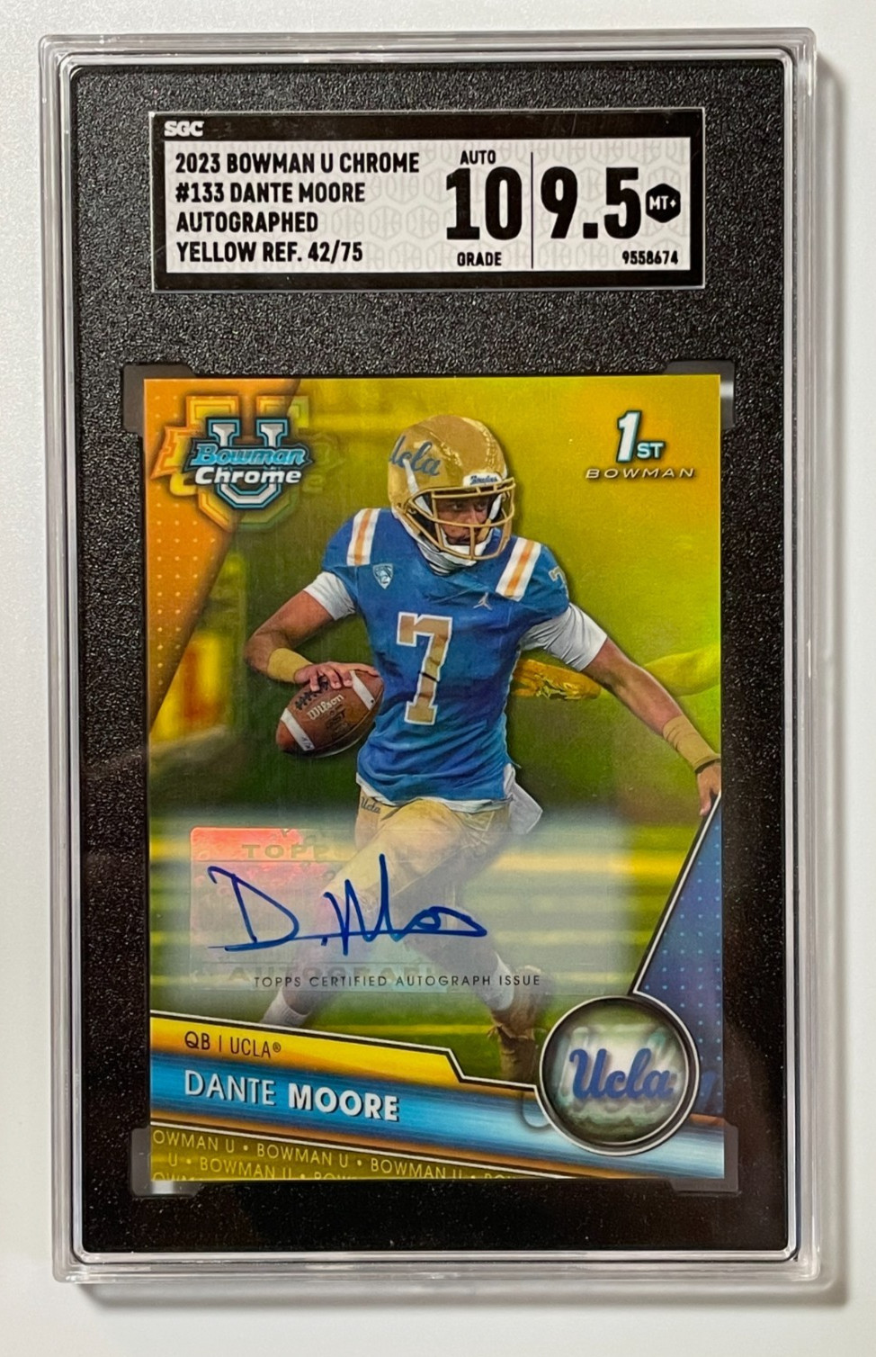 DANTE MOORE 2023 BOWMAN U CHROME #133 PROSPECT YELLOW REFRACTOR AUTO /75 SGC 9.5