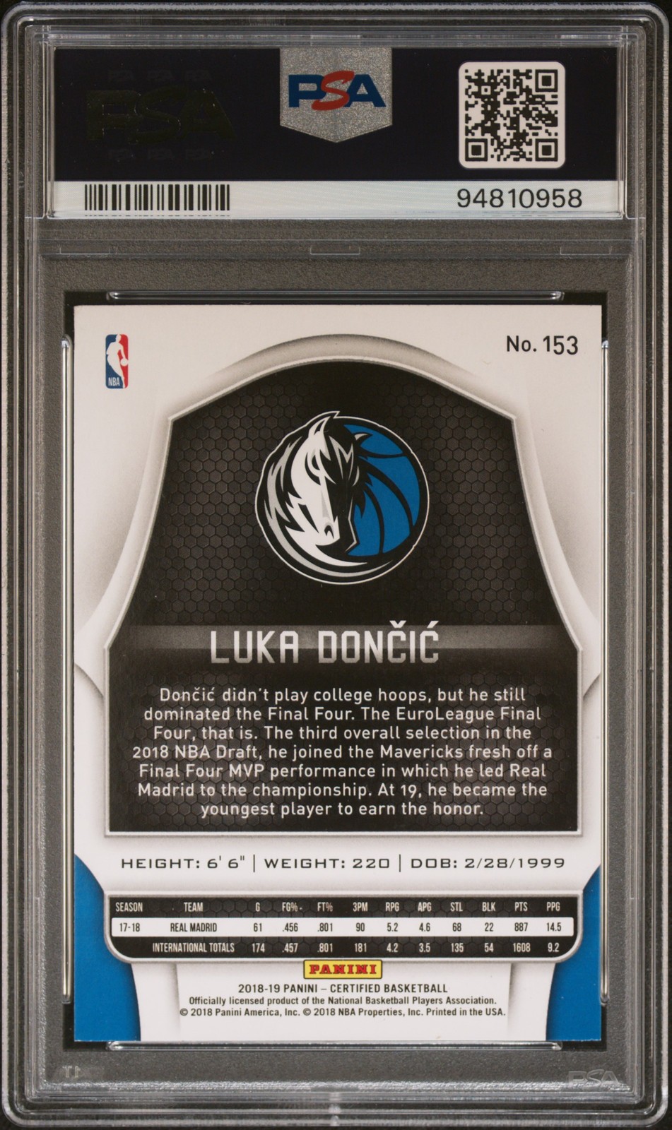 2018 PANINI CERTIFIED #153 LUKA DONCIC ROOKIE RC PSA 6 view 2