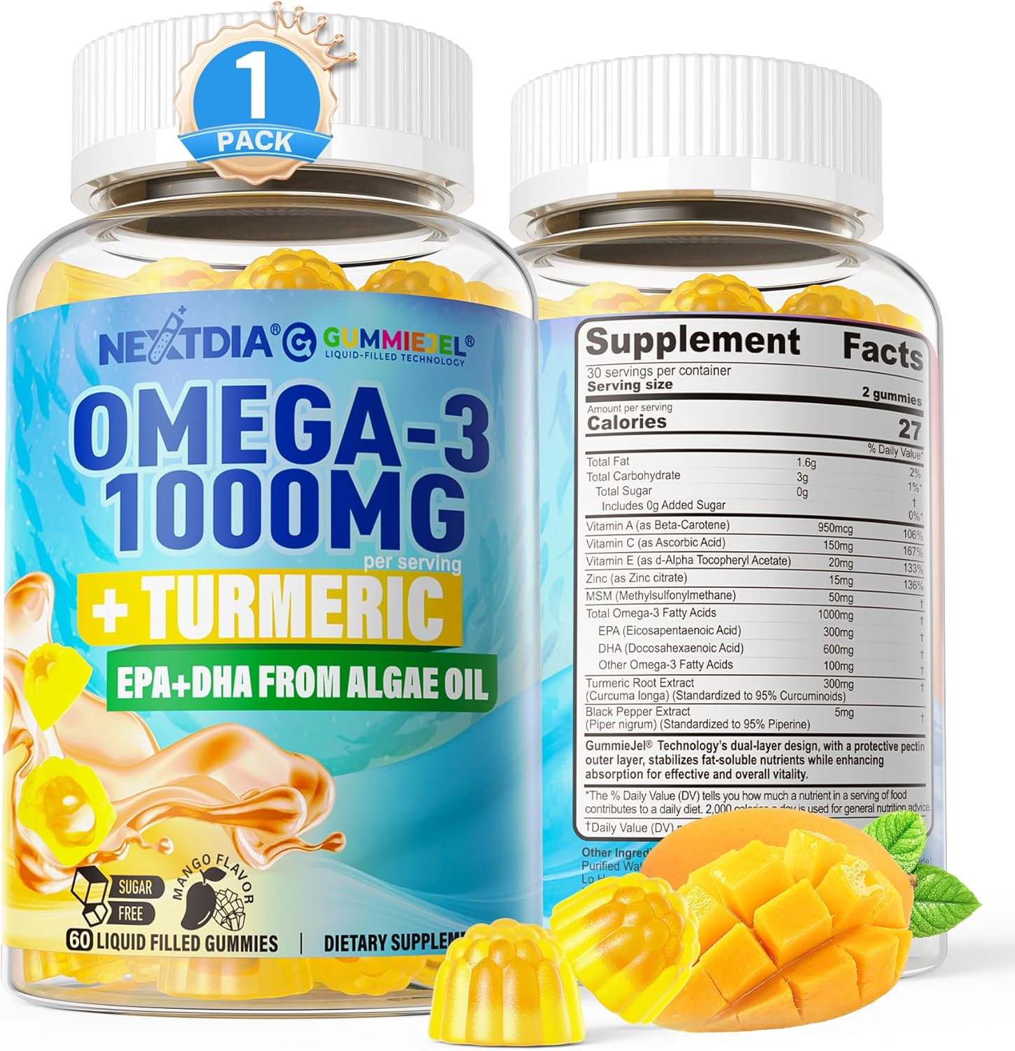 Vegan Omega-3 Gummies 1000Mg + Turmeric - Omega 3 Fish Oil Alternative for Adult