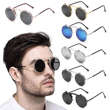 New Vintage Round Steampunk Sunglasses Flip-Up UV Protection Metal Frame Men And