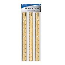 BAZIC 12in Wooden Ruler Single Metal Edge Inches Cm Metric Drafting Tools 3pk