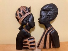 Wood Carved African Man Woman Brown/Beige -Wall Decoration Set of 2