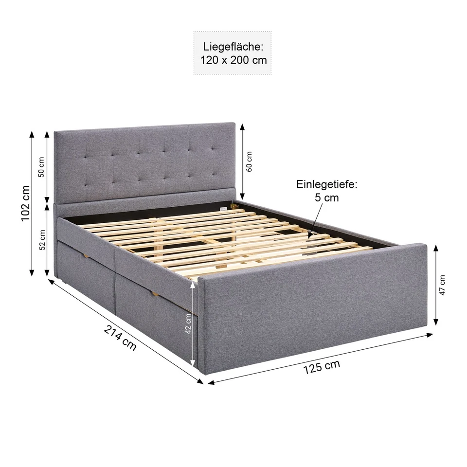 Polsterbett 120x200 cm mit Stauraum 2 Schubkästen Grau Lattenrost – Homestyle4u - Bild 3 von 4