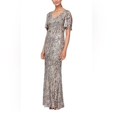Alex Evenings V-Neck A-Line Sequin Dress with Cold Shoulder Flutter Sleeve - NWT