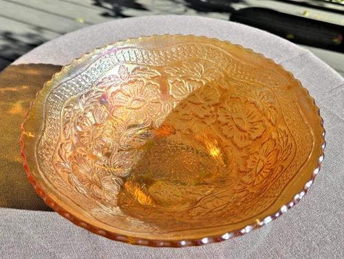 Exceptional Fenton "Two Flowers" Marigold Carnival Glass Bowl – 7¾" – Vibrant...