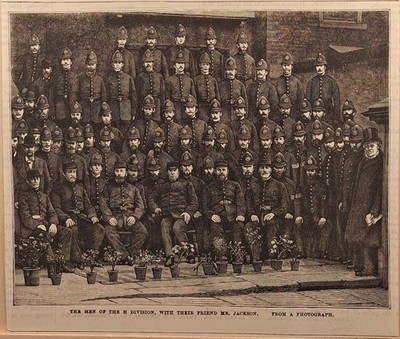 Holzstich um 1880. Männer der H-Division mit Mr. Jackson - THE MEN OF THE H DIVI