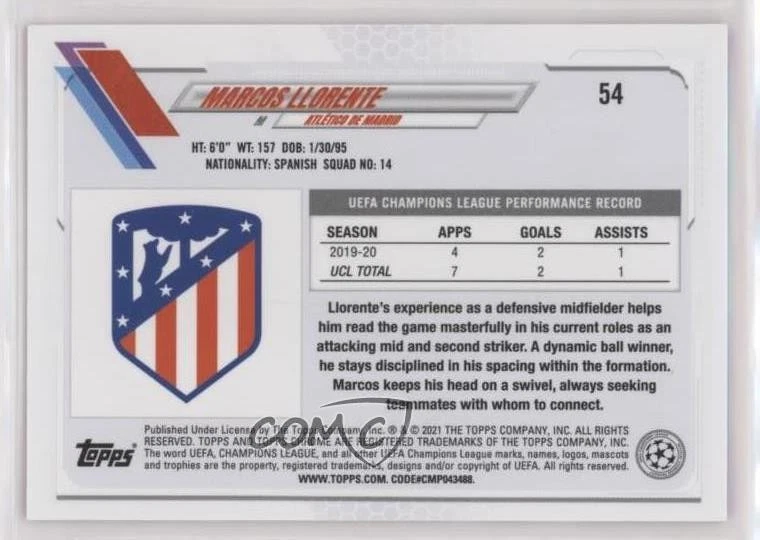 2020-21 Topps Chrome UCL Red Carbon Fiber Refractor Marcos Llorente #54 - Image 2 of 2