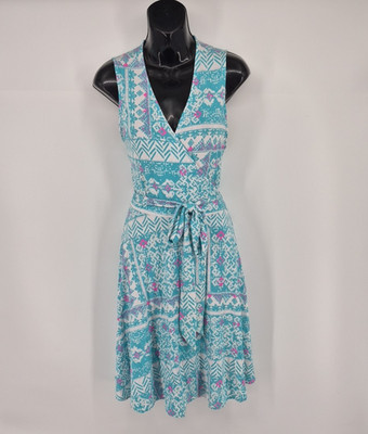 Tori Richard Honolulu Wrap Dress Women's L Blue Pink Geometric Tropical Hawaii