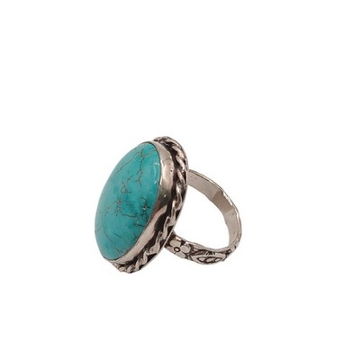 Cabochon Turquoise Ring Size 7 Oval 1  Floral Engraved Silver Boho Southwestern