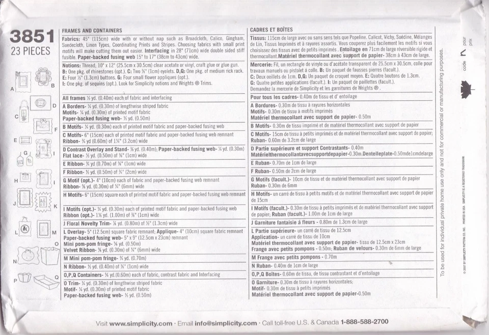 UNCUT Sewing PATTERN Simplicity 3851, 2007 Elaine Heigl, Fabric Frames and Conta - Image 2 of 2