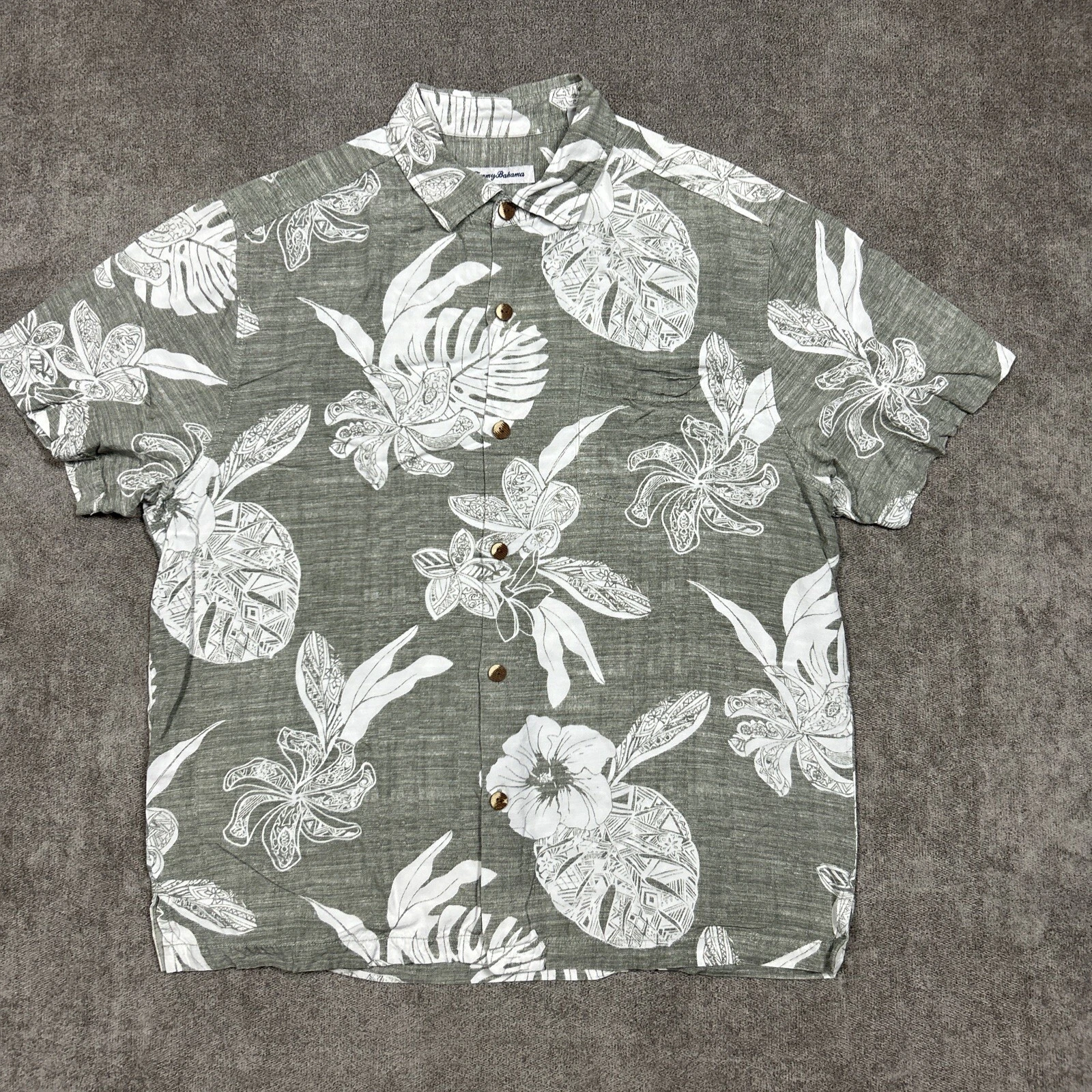 Tommy Bahama Shirt Mens Large Hawaiian Button Up Short Sleeve Gray Rayon Floral