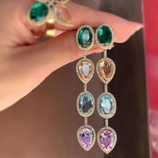 Chic Yellow Gold Plated Multicolor Cubic Zircon Long Oval Drop Earrings Jewerly