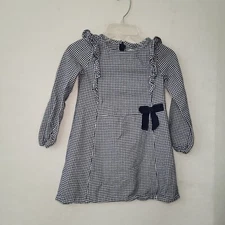 Hope & Henry Dress Girls 6 Blue Houndstooth Ruffled Bow Accent Long Sleeve