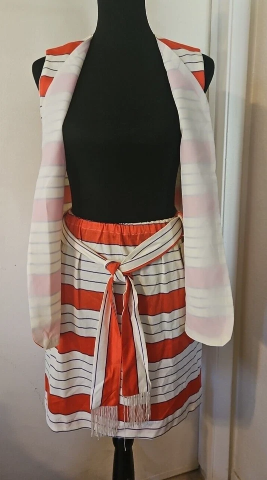 Винтажный Mod/GoGo 1970-х жилет и юбка комплект ацетат в полоску оранжевый фиолетовый кости подпоясанный - Изображение 2 из 4