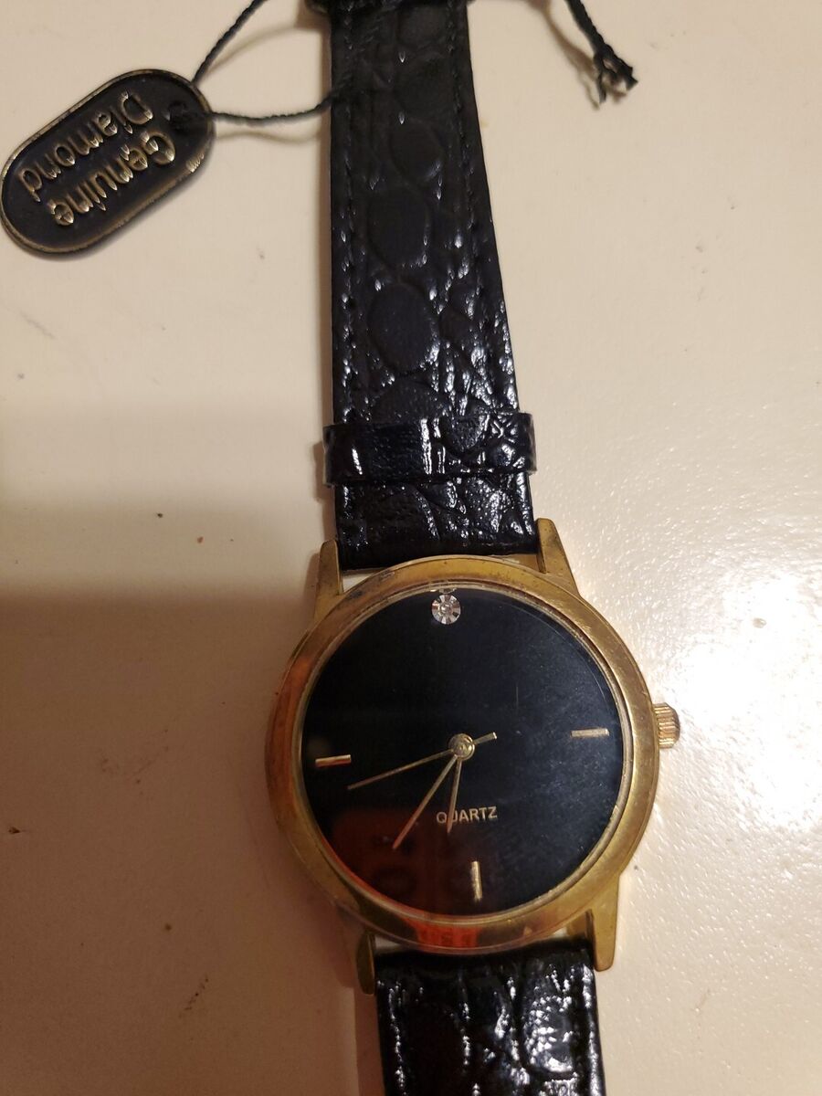 Diamond Quartz Watch Gold Tone Woman's Black Face Genuine Diamond Quartz Watch Gold Tone Woman's Black Face Genuine