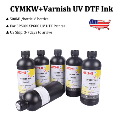 500ML UV DTF INK + Varnish For ACHI UV DTF Sticker Printer XP600 Nozzle US Stock
