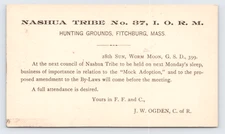1889 Nashua Tribe IORM Fitchburg MA Postcard Mock Adoption Secret Society
