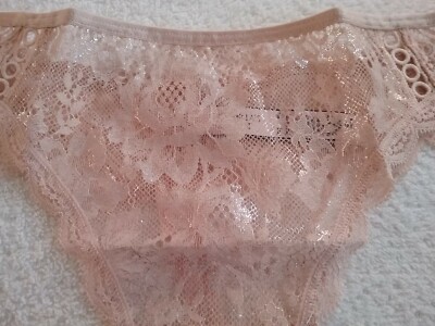 Victoria's Secret Large Floral Lace Thong Pantie Sugar Baby Shine Foil Pink New