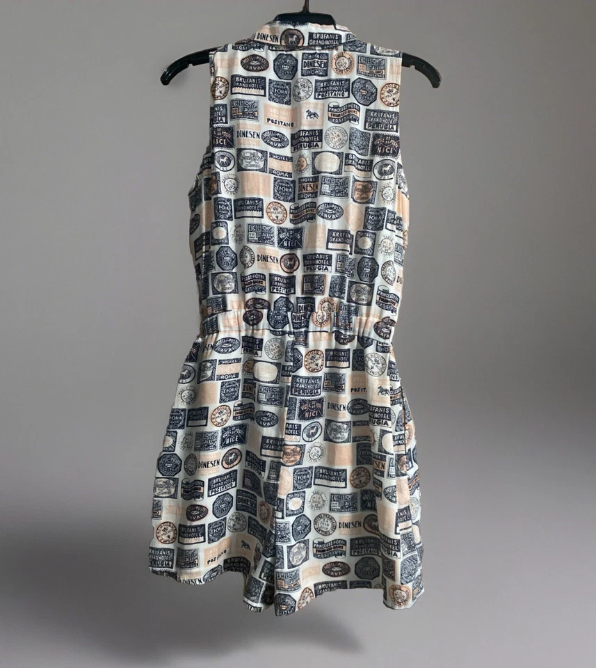 Maison Jules Mujer ☼ Estampilla Postal Beige/Azul/Rosa Estampado Botón Frontal Mameluco Me Foto 3 de 4