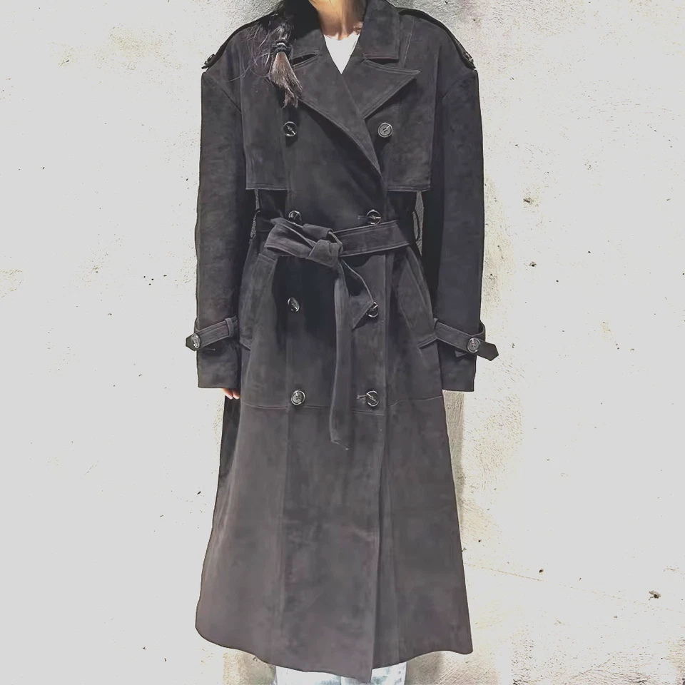 Abrigo largo de cuero gamuza borgoña gabardina chaqueta mujer hasta el suelo talla S XL 2XL Foto 2 de 4