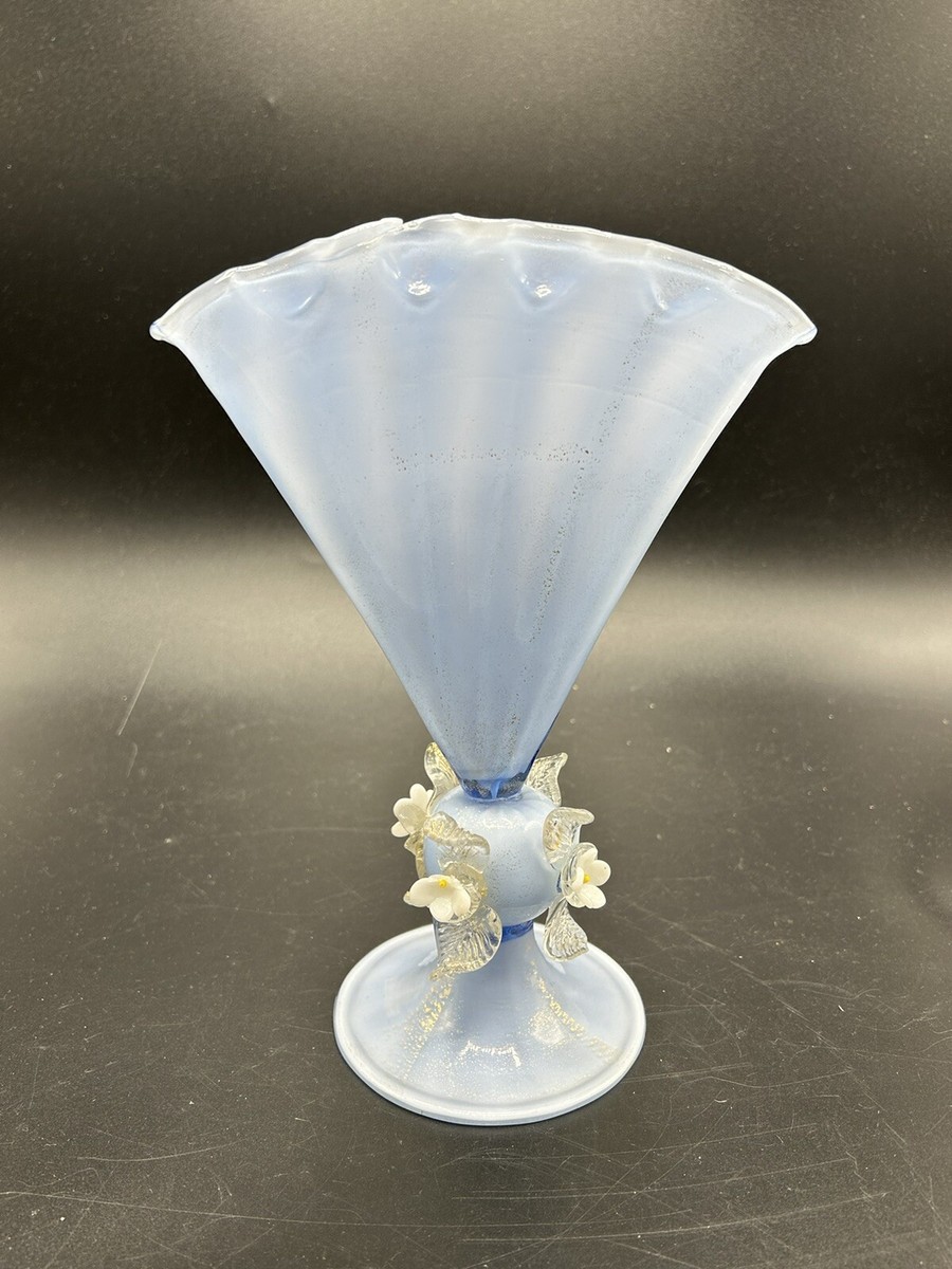 Venetian Italy Blue Gold Flecks Fan Vase Flowers Labeled FBS