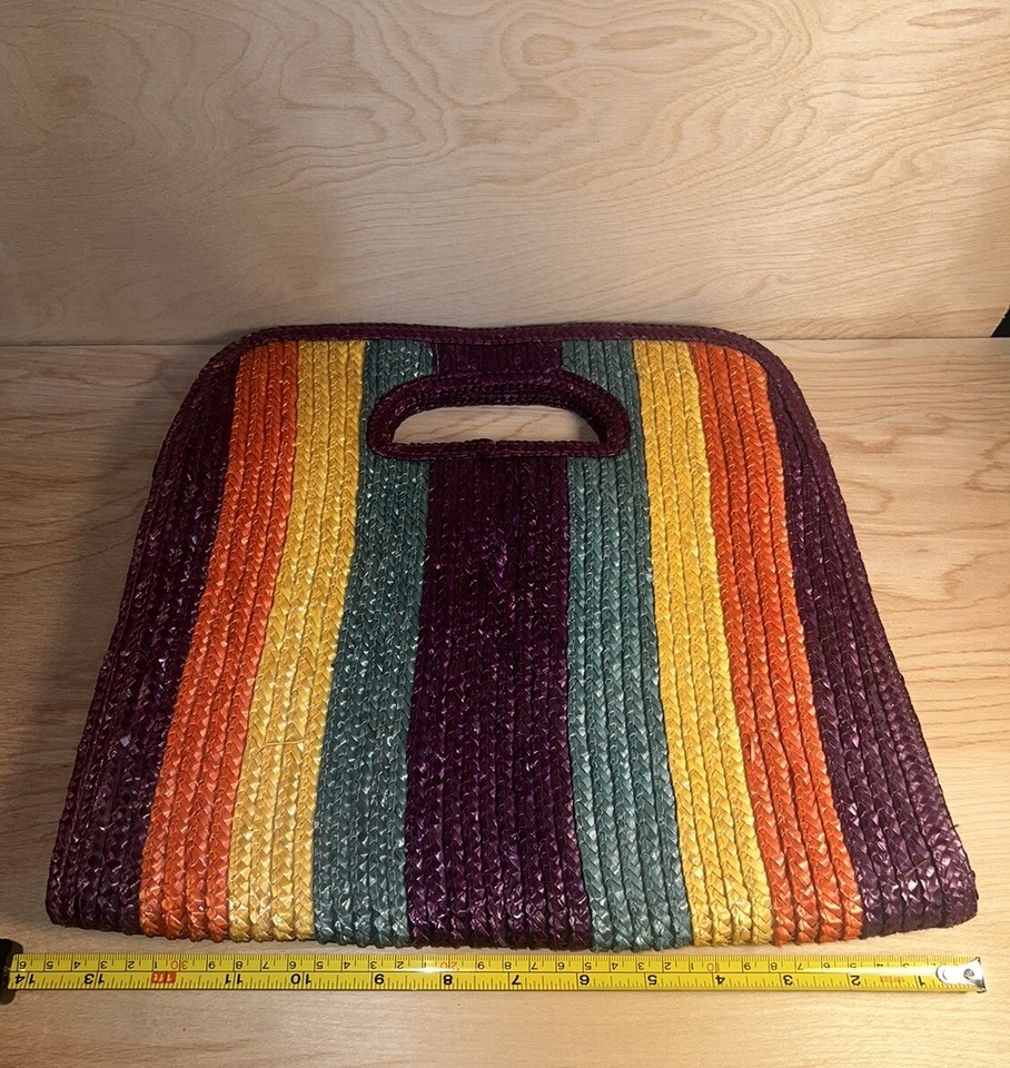 14” Bags R’ Us Vintage Striped Woven Straw Clutch Purse Natural Weave