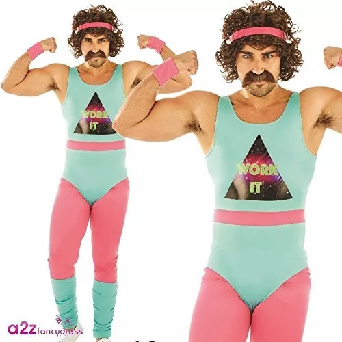 80s Fitness Instructor Mens Fancy Dress Neon Aerobics Sports Adults Costume  New