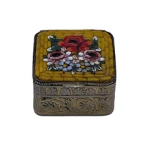 Vintage 1950s Italian Silver Plated Brass Millefiori Mini Mosaic Pill  Box