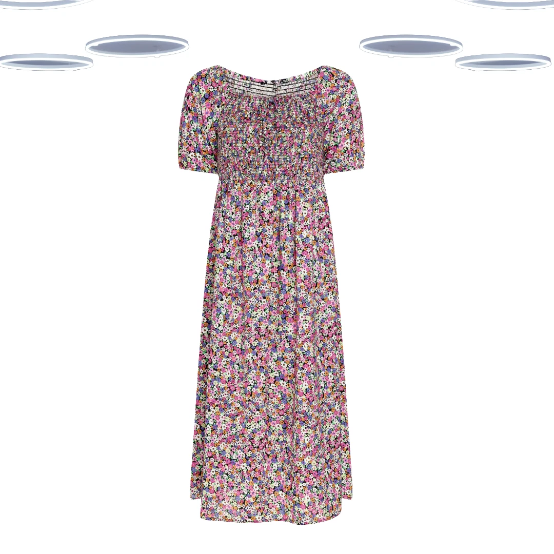 Ex Women's Maxi Dress - Plus Size Ditsy Floral Print Shirred Multicolour